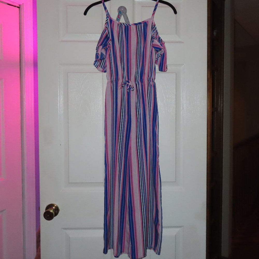 pink, black, orange, blue romper